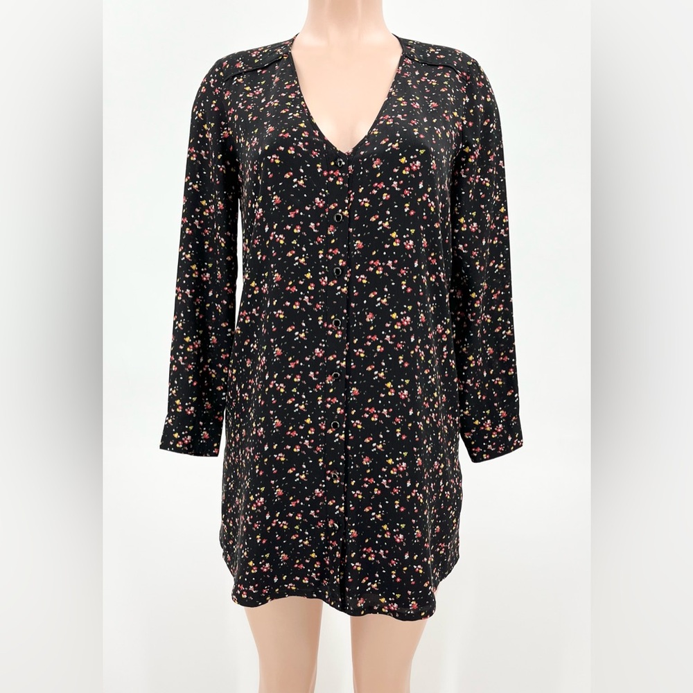 Madewell et Sezane Elly Silk Black Floral Mini Shirt Dress XS